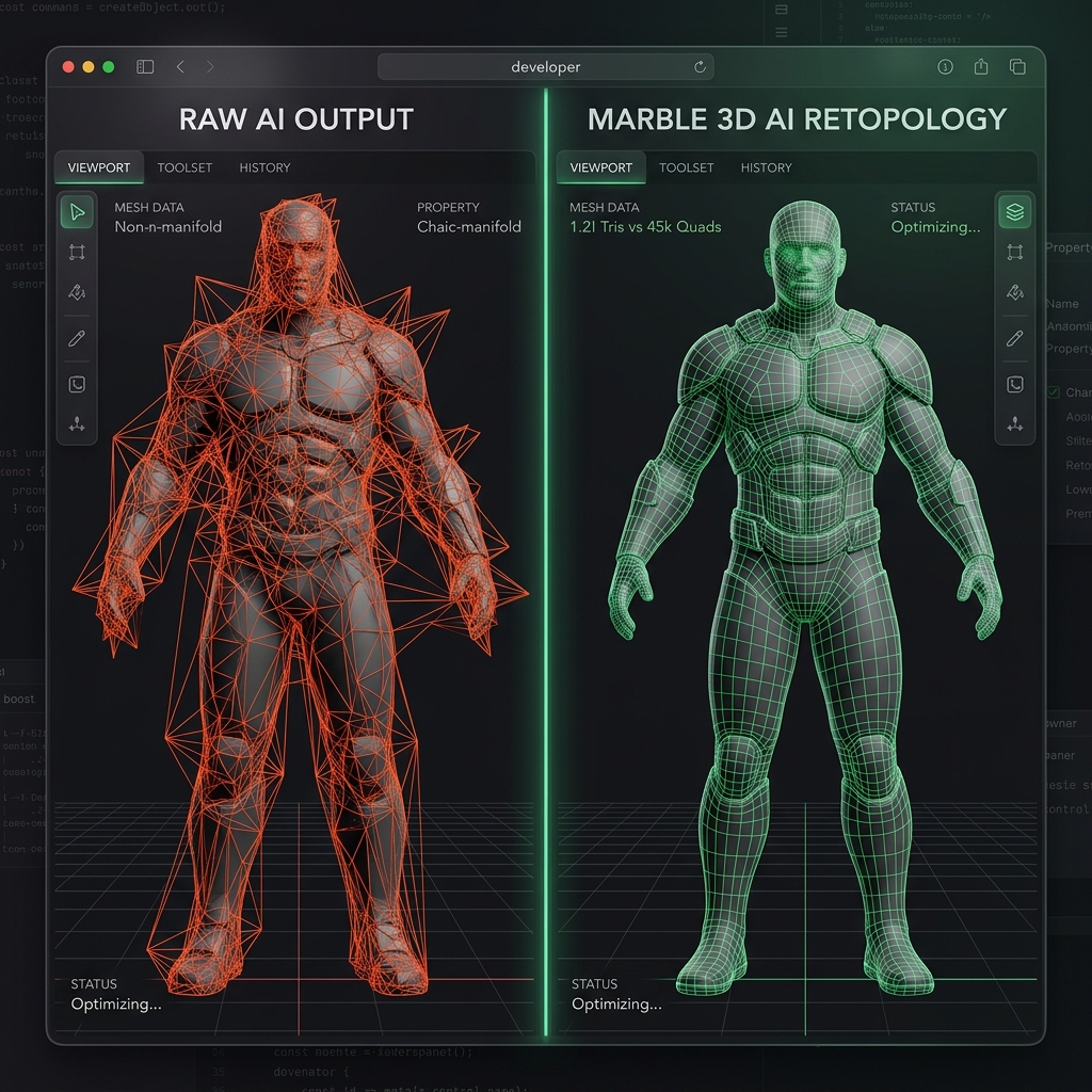 Raw AI Mesh vs. Marble 3D AI Optimized Retopology Side-by-Side